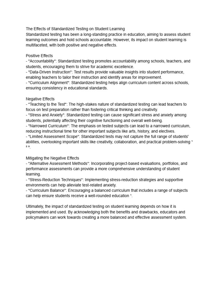 The Effects of Standardized Testing On Student Learning | PDF
