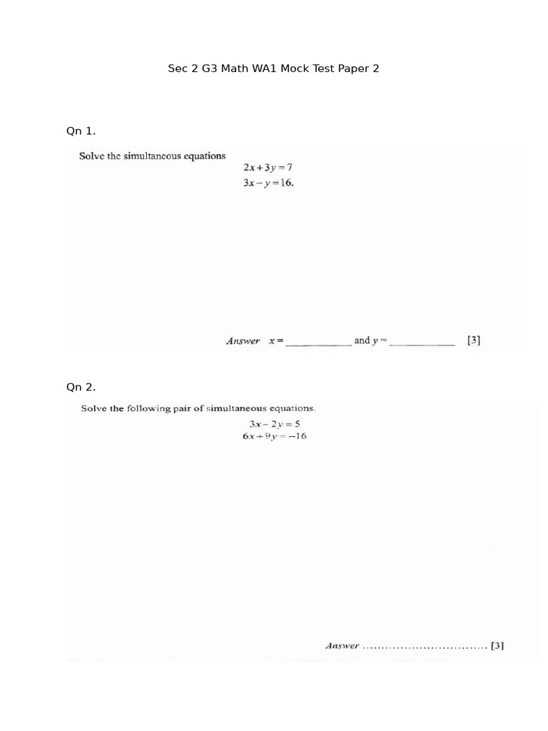 Sec 2 G3 Math WA1 Mock Test Paper 2 | PDF