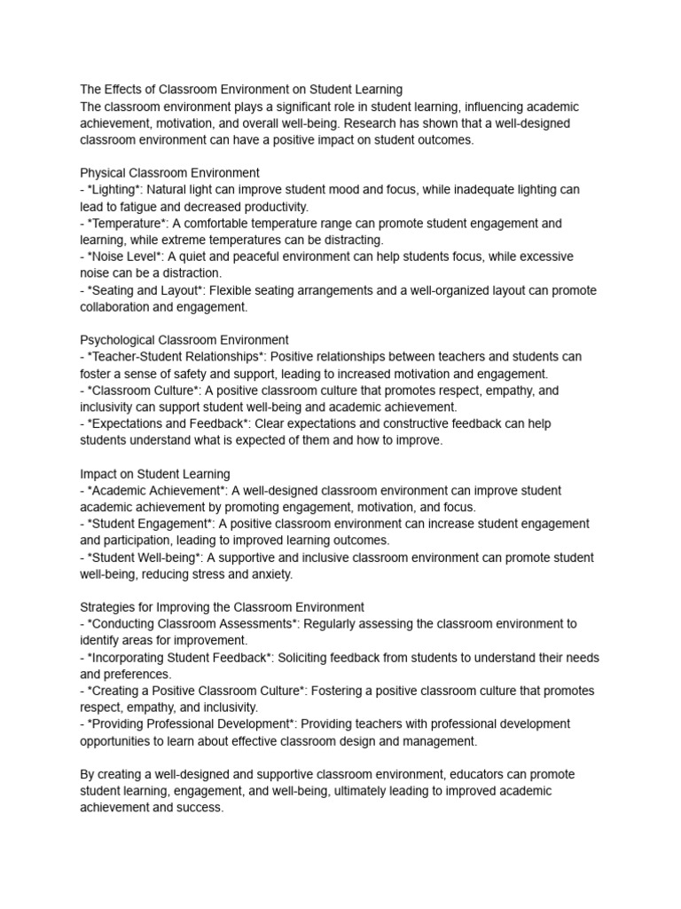 The Effects of Classroom Environment On Student Learning | PDF ...