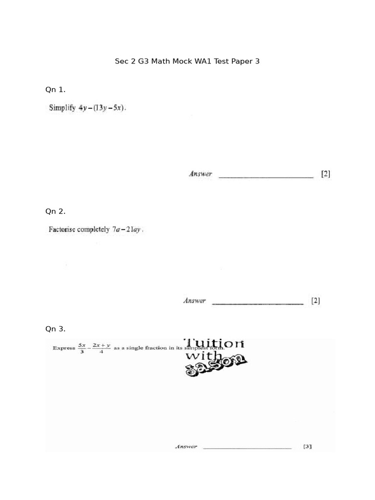 Sec 2 G3 Math Mock WA1 Test Paper 3 | PDF