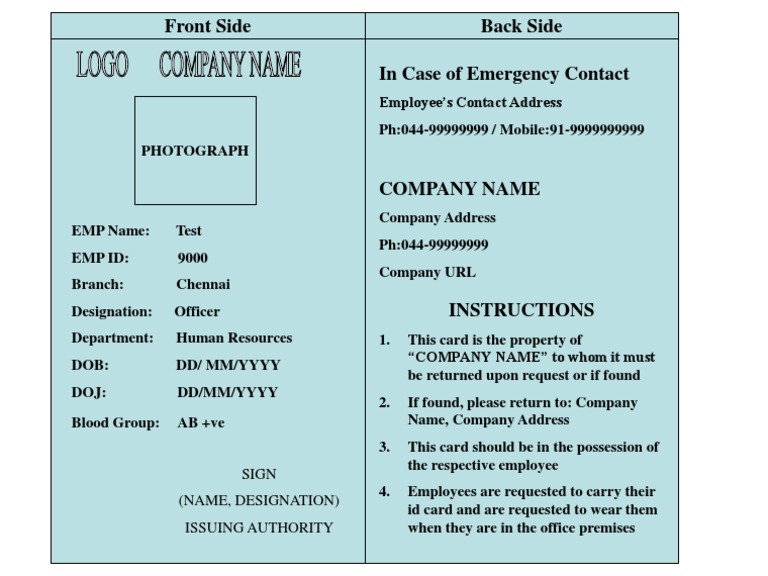 Company Id Card Back Side