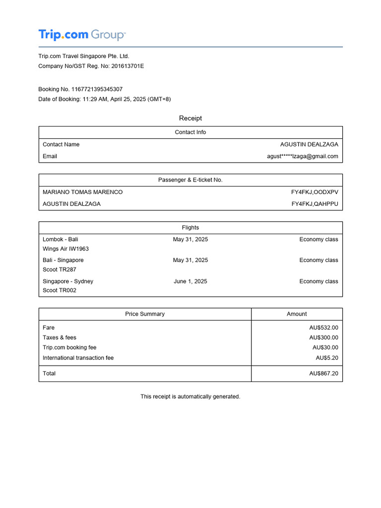 Trip.com Flight Booking Receipt | PDF