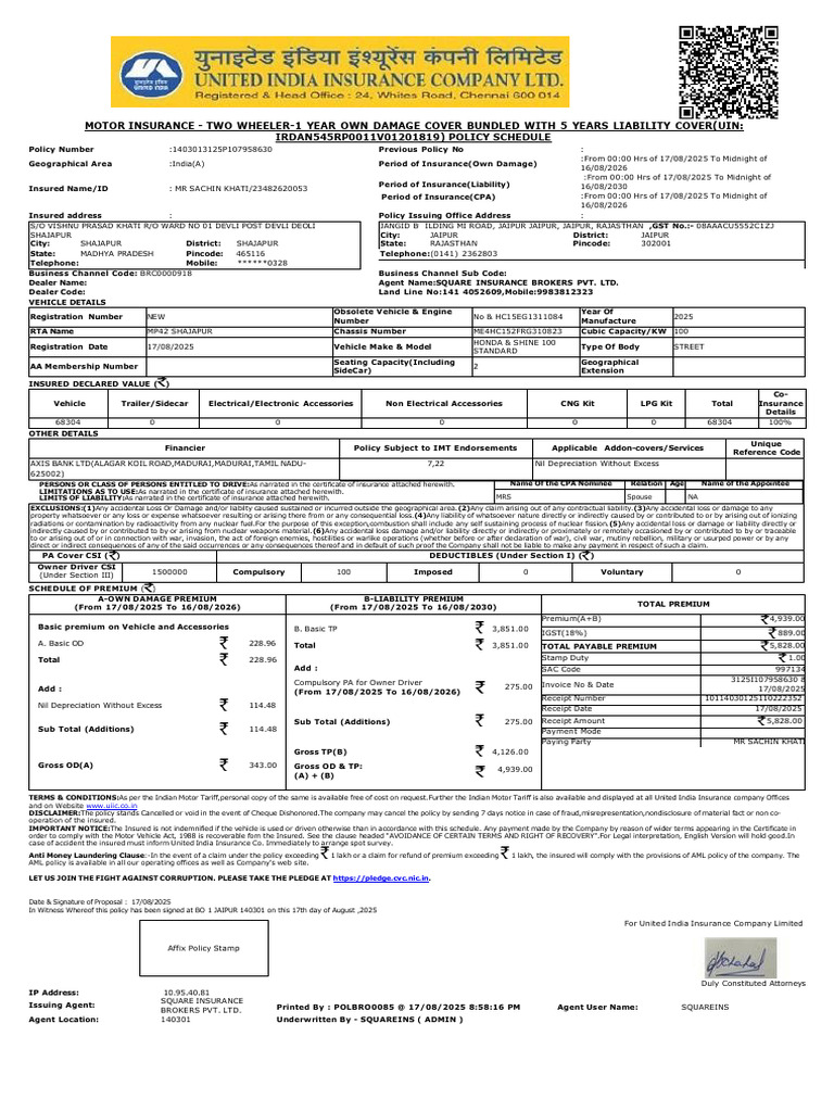 Motor Insurance - Two Wheeler-1 Year Own Damage Cover Bundled With 5 ...