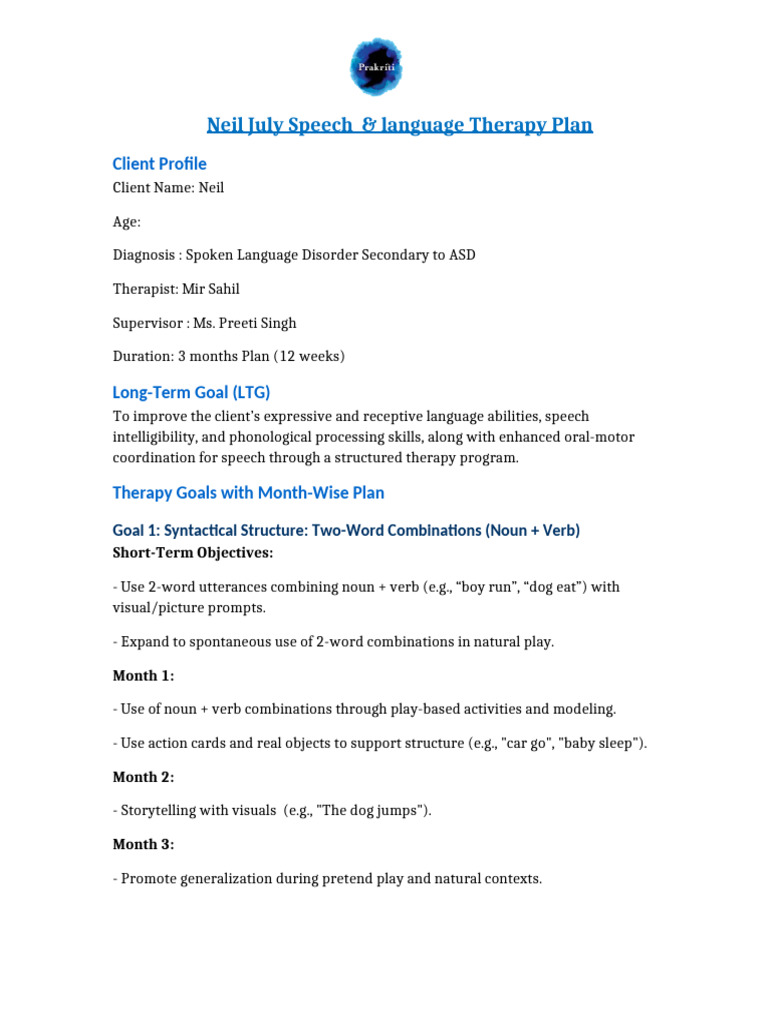 Neil's Speech Therapy Plan for ASD | PDF | Speech | Word