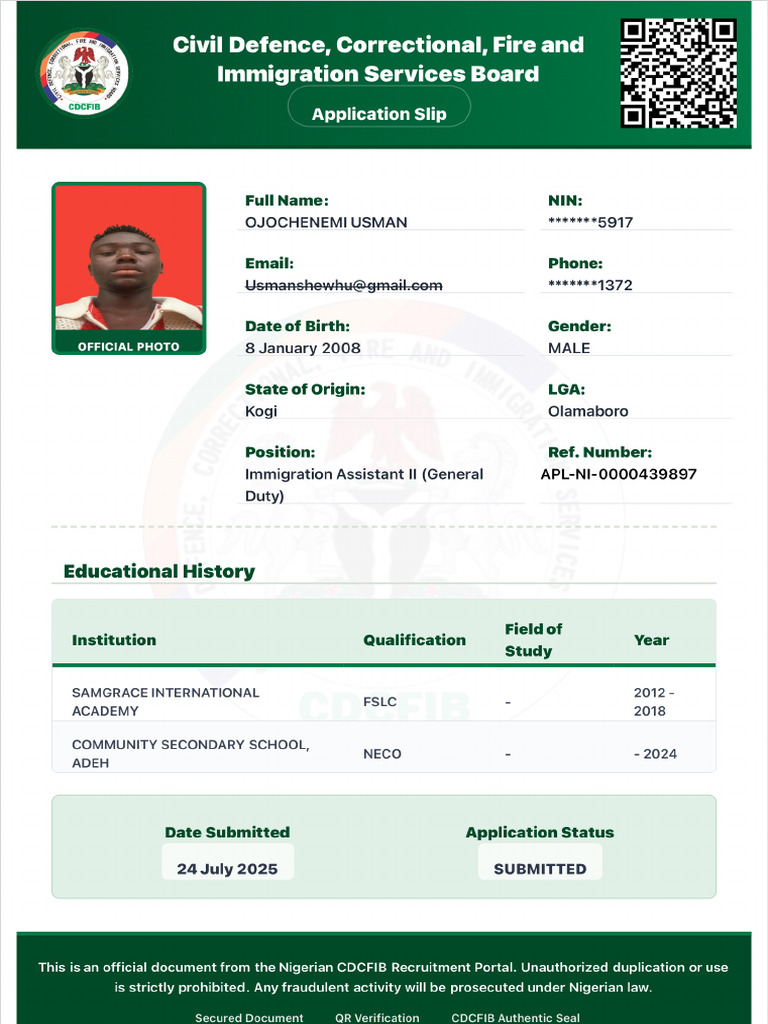 OJOCHENEMI-ABDULWAHAB USMAN-application-slip | PDF