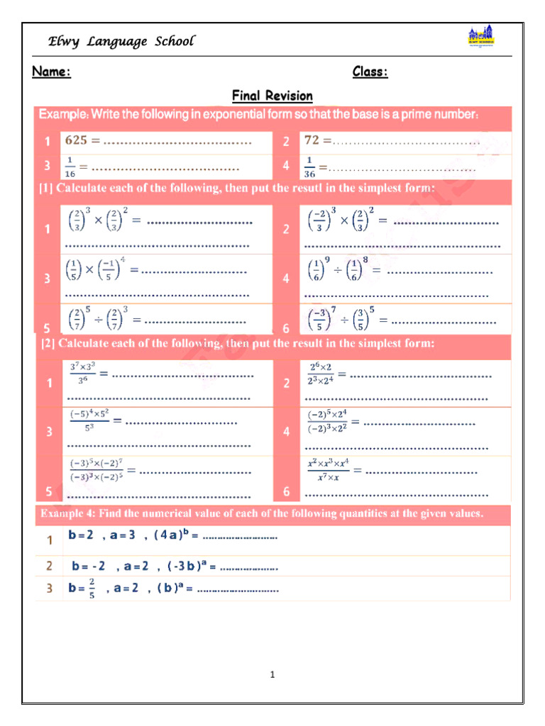 2nd Term Mathematics Revision Sheet - Prep 1 | PDF