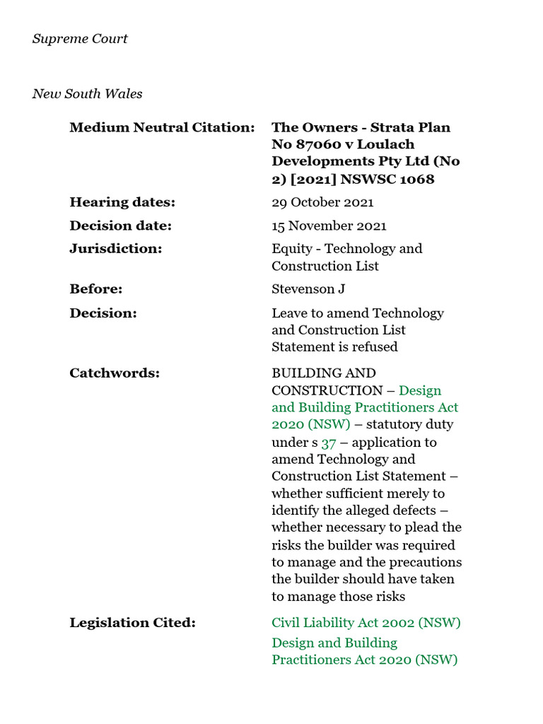 NSW Supreme Court Ruling on Strata Plan Case | PDF