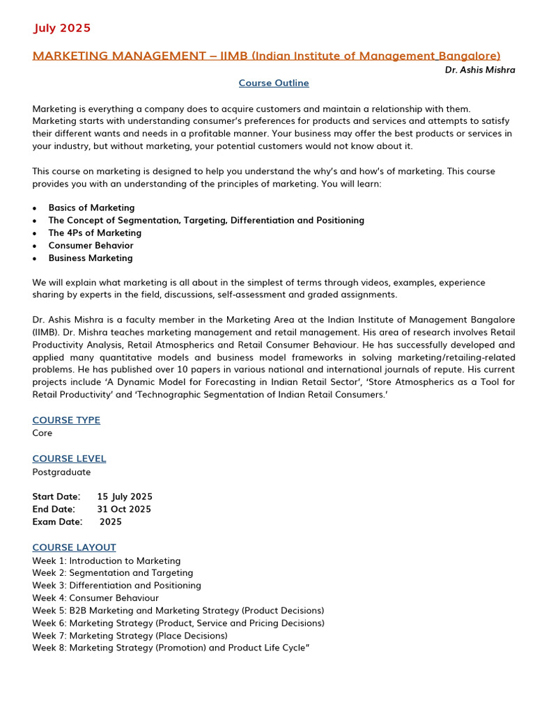 Marketing Management Course Overview | PDF | Marketing | Market ...