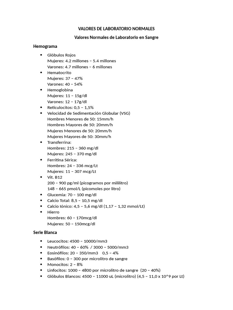 Valores Normales de Laboratorio | PDF