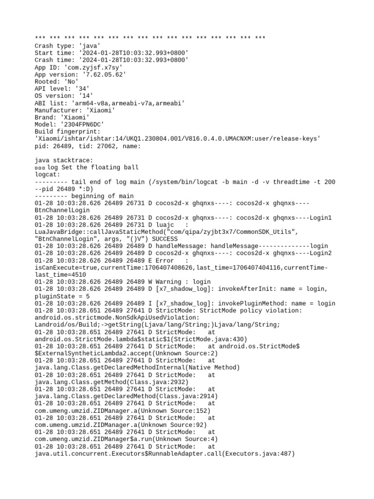 Java Crash Report for App 7.62.05.62 | PDF | Method (Computer ...
