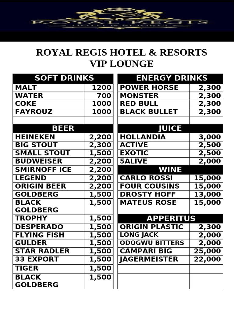 Royal Regis VIP Lounge Menu | PDF | Foods | Cuisine