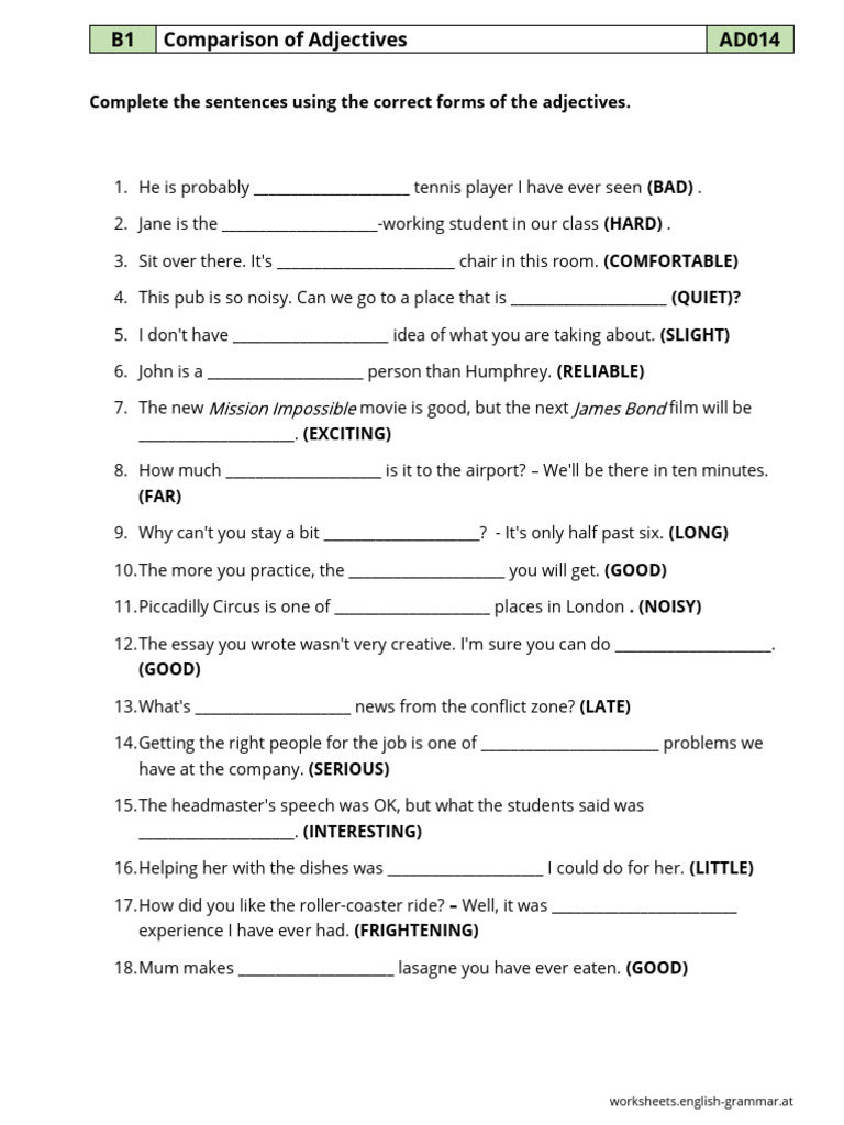 Adjective Comparison Exercises AD014 | PDF