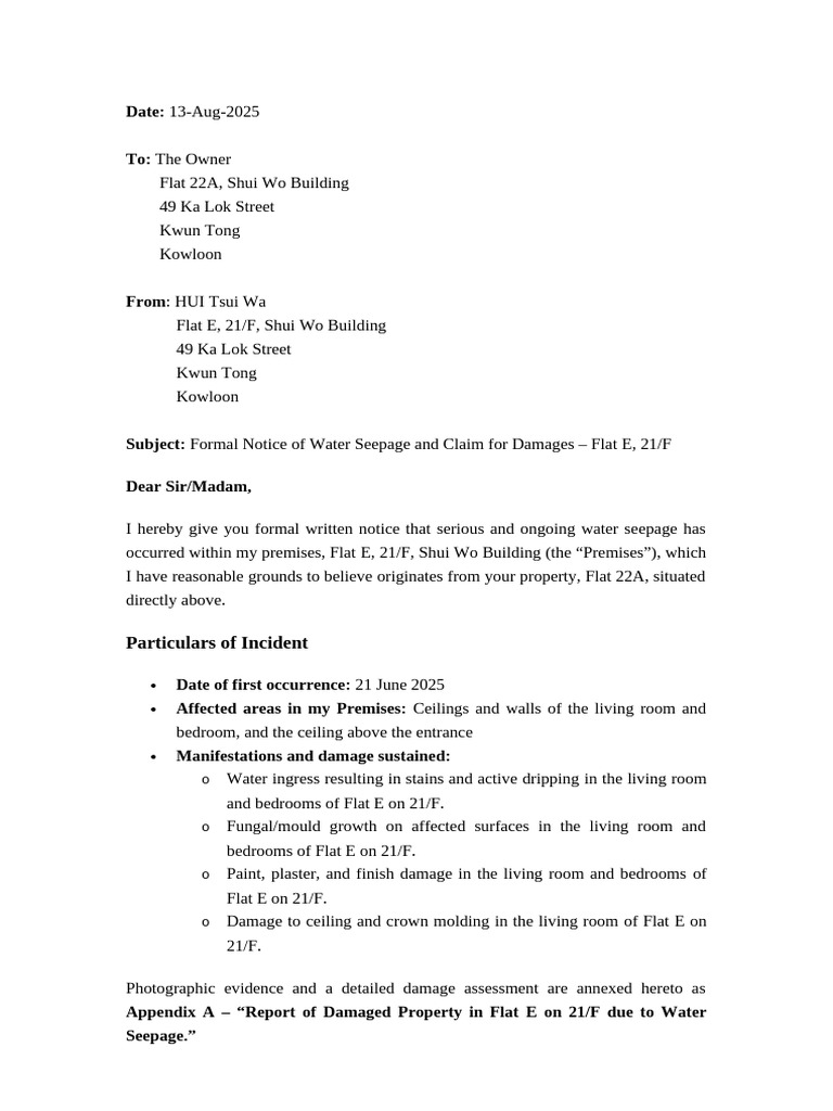 Water Seepage Claim Notice - Flat E, 21/F | PDF | Damages | Nuisance