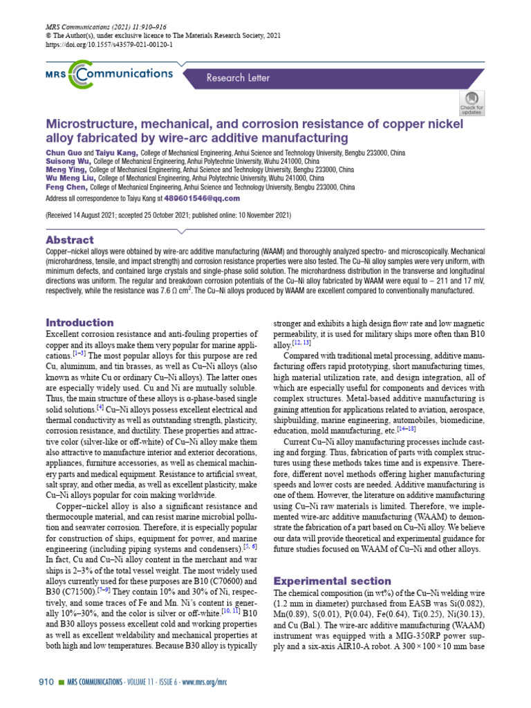 Microstructure Mechanical and Corrosion Resistance of Copper Nickel ...