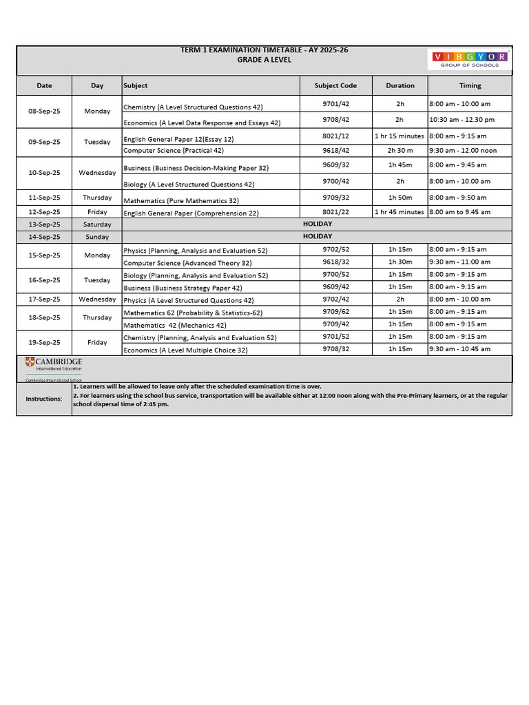 Annexure 1. A. 2. VH - Term 1 Examination Timetable Grade A Level | PDF ...