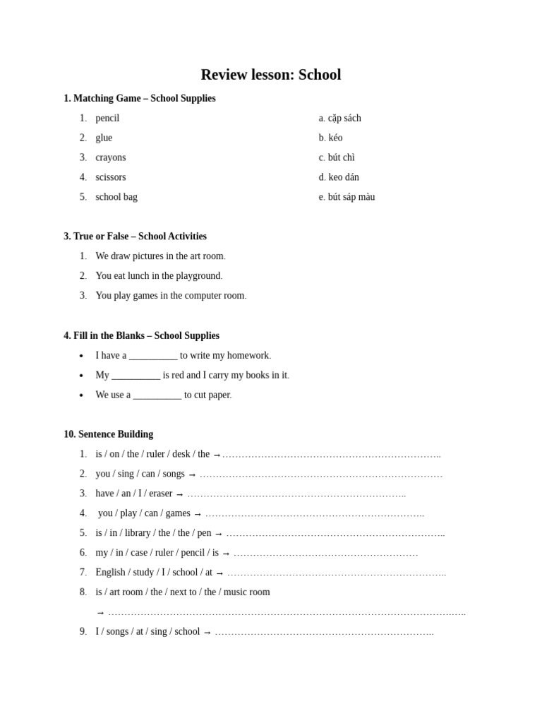 School Supplies and Activities Review | PDF