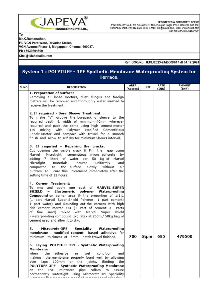 Waterproofing Quotation for Chennai Project | PDF | Adhesive | Cement