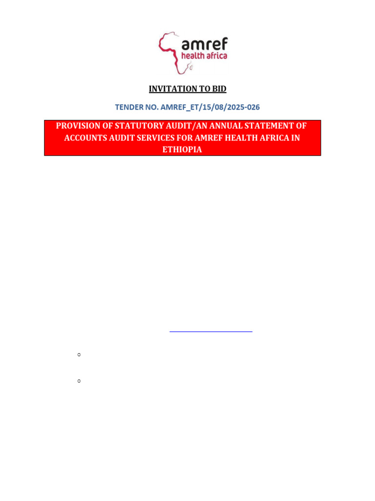 Amref Ethiopia Statutory Audit Tender | PDF | Audit | Internal Control