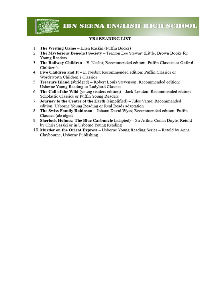 Yr6 Reading List | PDF