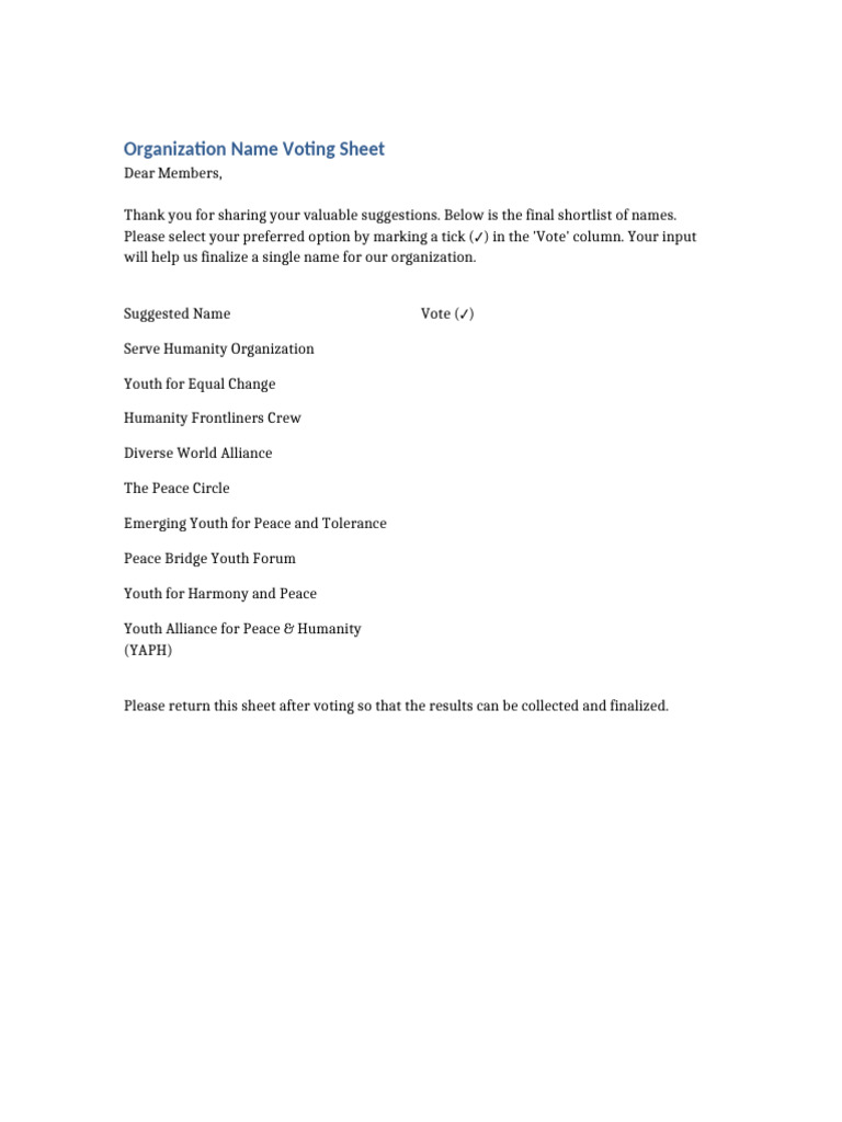 Organization Name Voting Sheet | PDF