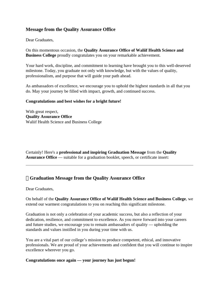 Graduation Message from Quality Assurance | PDF