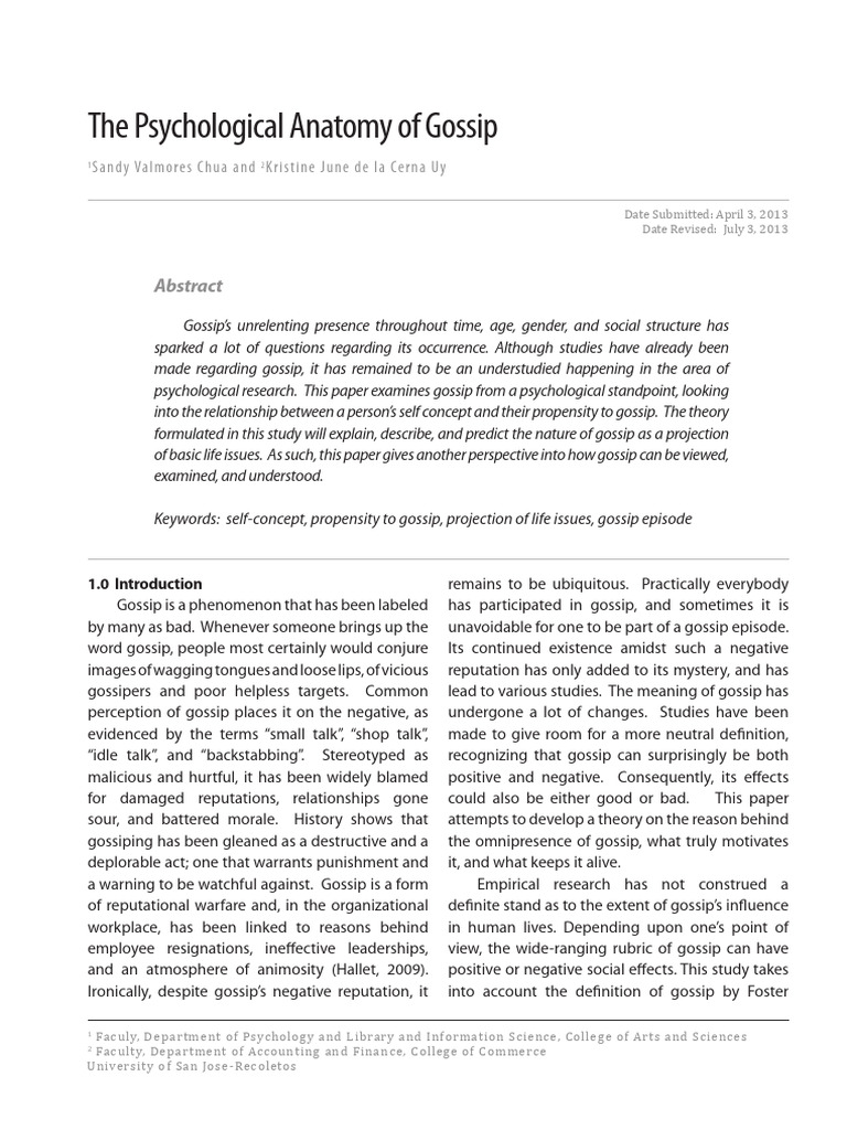 Jessica, The Psychological Anatomy of Gossip | PDF | Self Esteem | Self ...