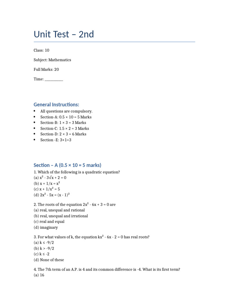 Class10 Maths Unit Test | PDF | Quadratic Equation | Mathematics