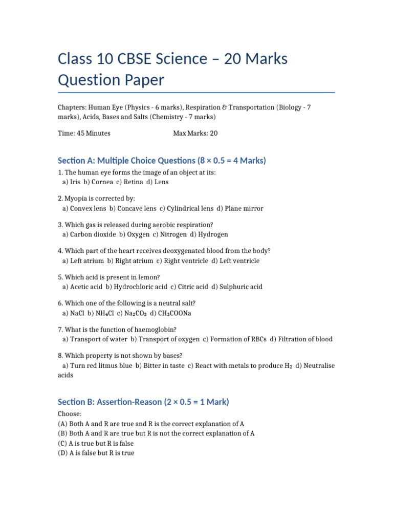 Class 10 CBSE Science Question Paper | PDF | Acid | Hemoglobin