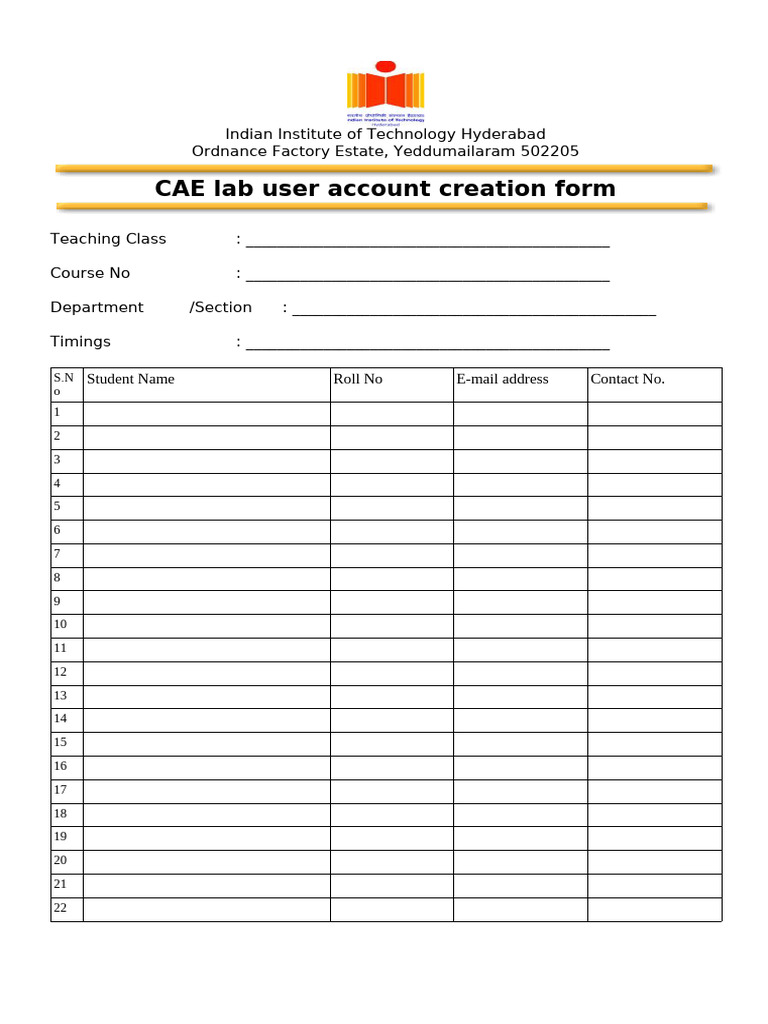 IIT Hyderabad CAE Lab Account Form | PDF