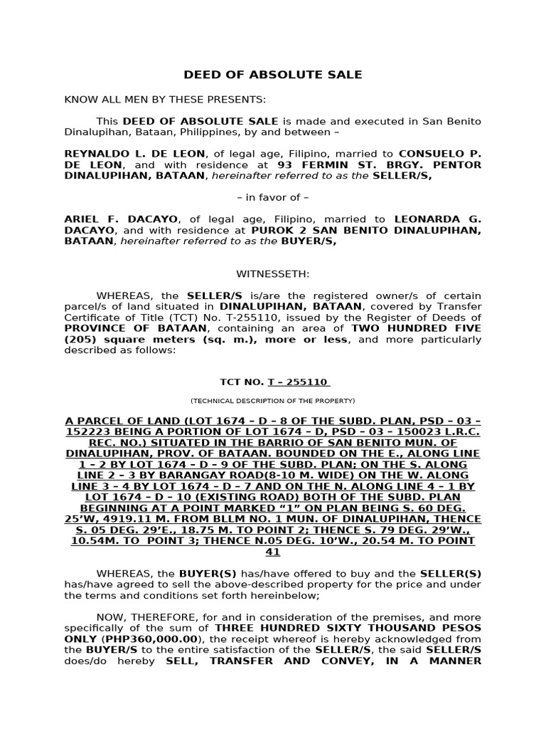 Deed of Absolute Sale in Bataan | PDF | Private Law | Civil Law (Common ...