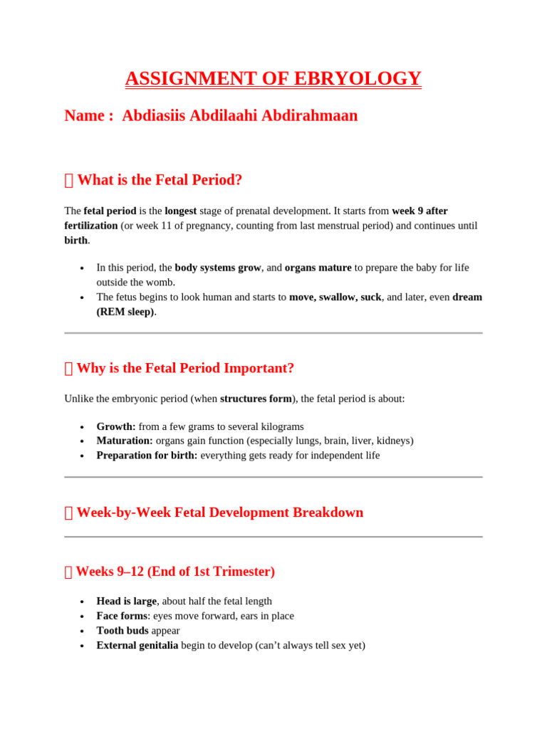 Assignment of Ebryology | PDF | Fetus | Prenatal Development