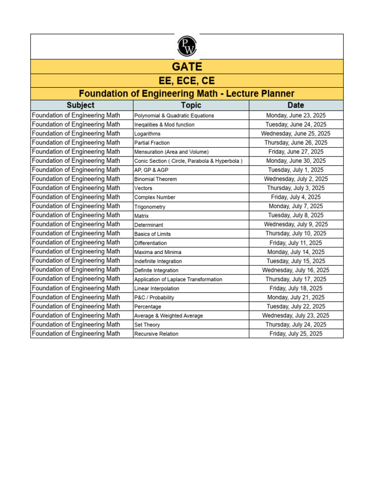 Engineering Math Lecture Schedule | PDF | Mathematics | Integral