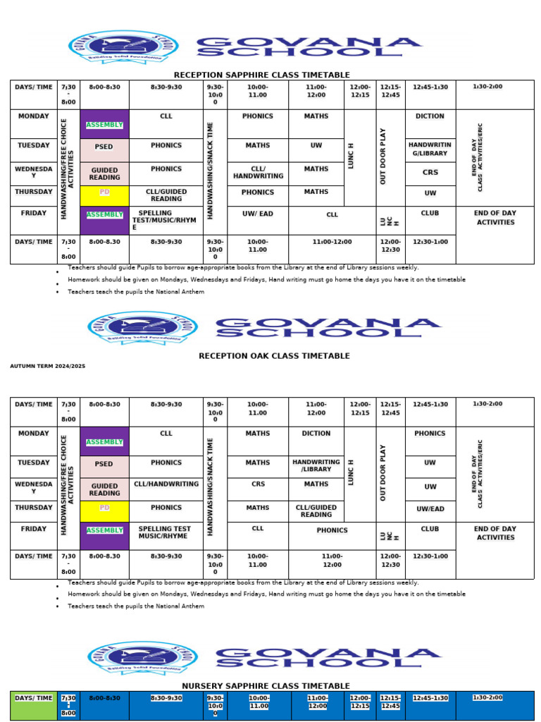 Reception and Nursery Class Timetable | PDF | Written Communication ...