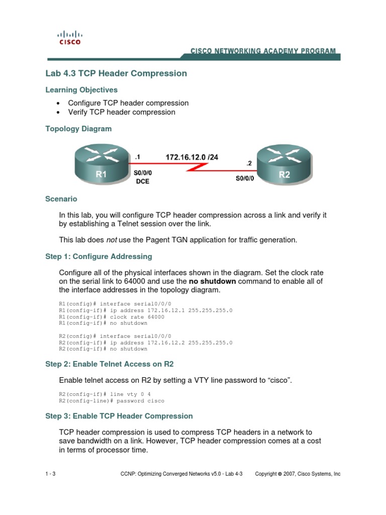 Lab 4.3 TCP Header Compression: Learning Objectives | PDF ...