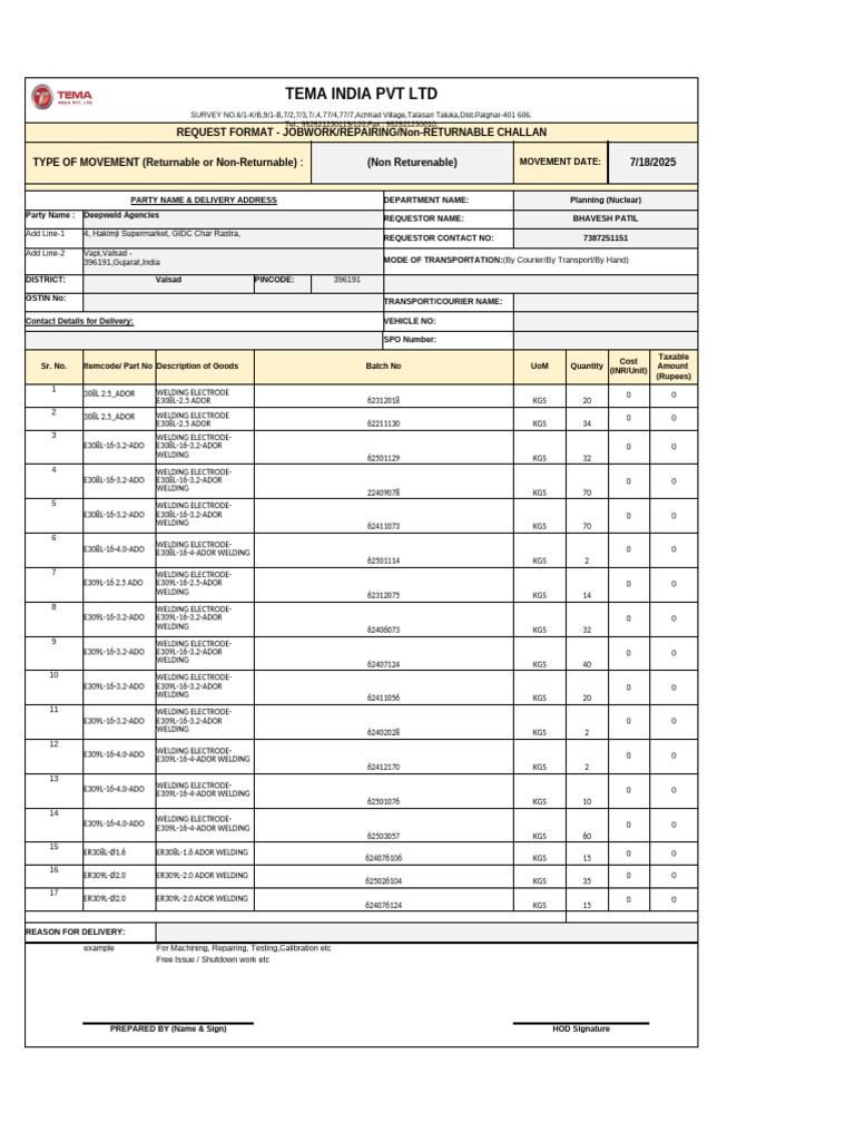 Returnable Challan Request Format | PDF | Welding | Construction