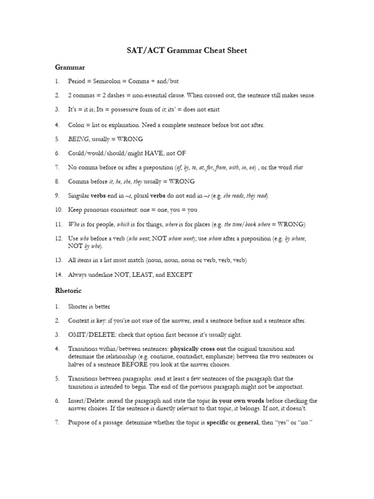 SAT Grammar Rules Cheat Sheet | PDF