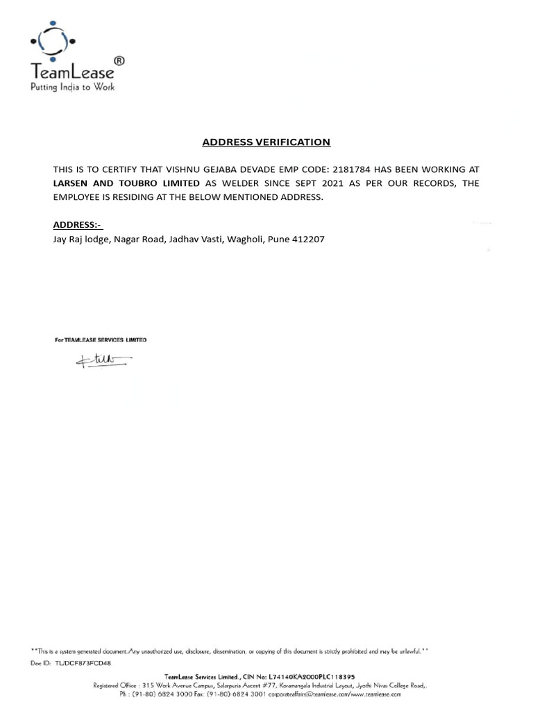 Employee Address Verification Certificate | PDF