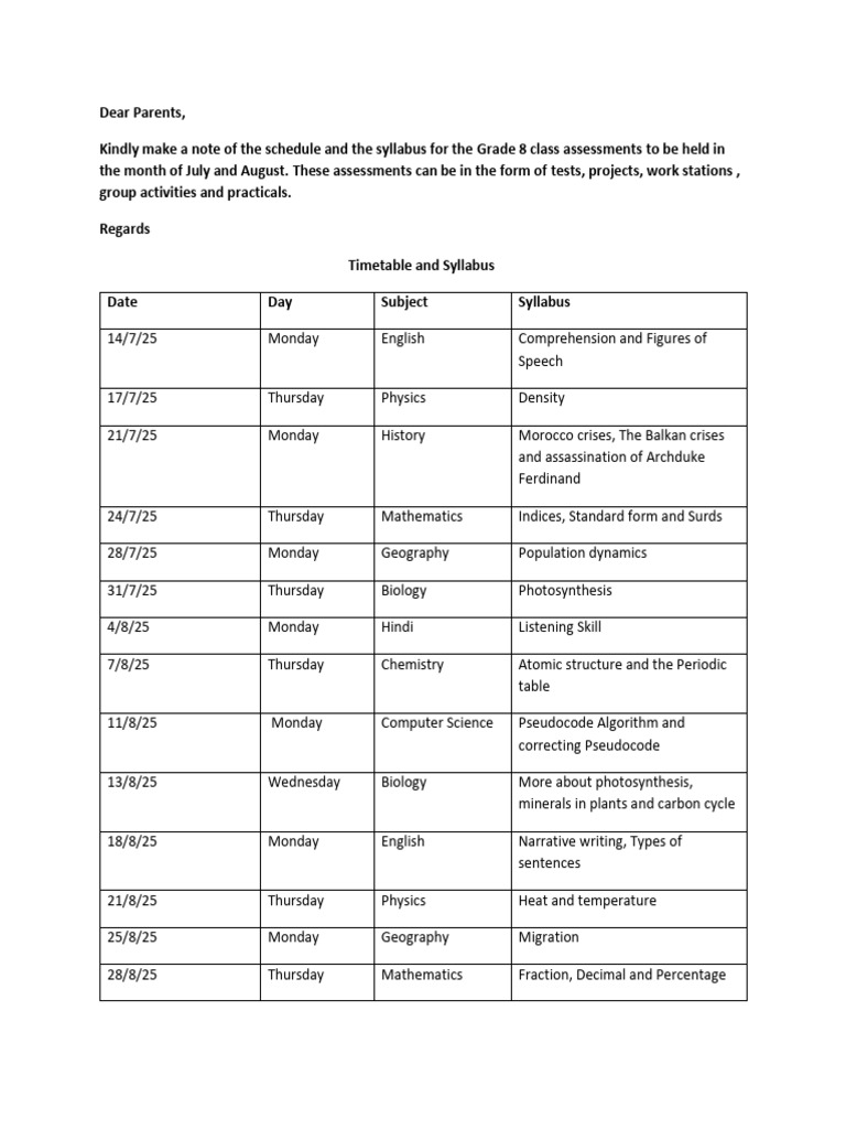 Grade 8 Assessment Schedule & Syllabus | PDF