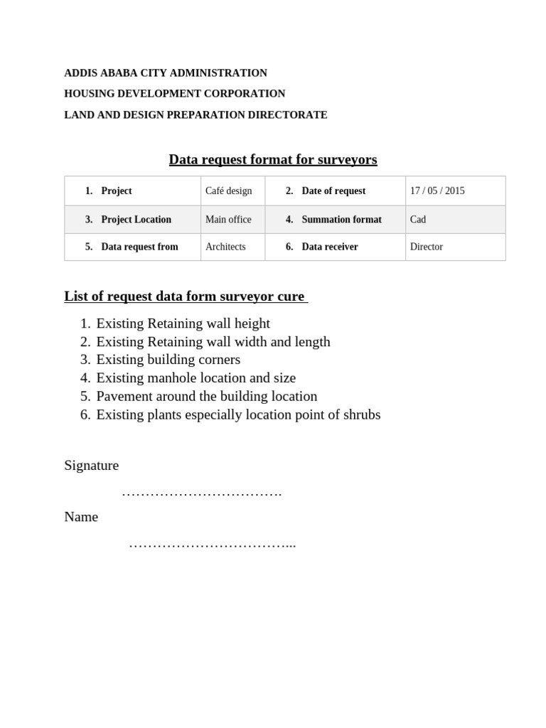 Data Request Format For Serveyors | PDF