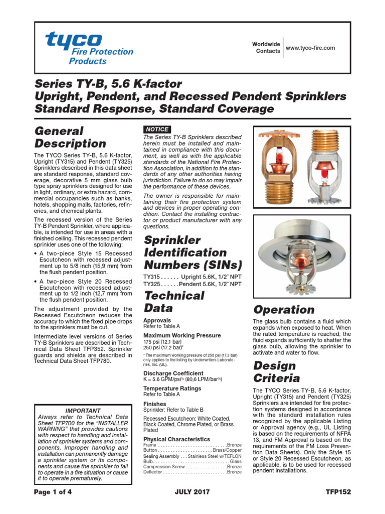 TYCO Series TY-B Sprinkler Overview | PDF | Fire Sprinkler System ...