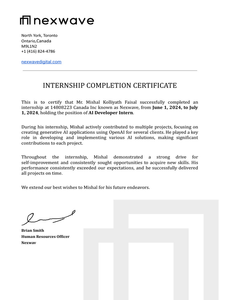 Internship Certificate for AI Developer | PDF