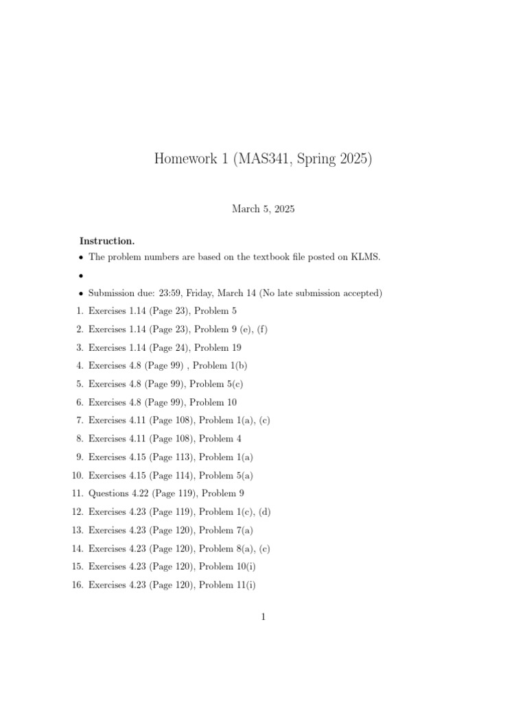 MAS341 Spring 2025 Homework Assignments | PDF