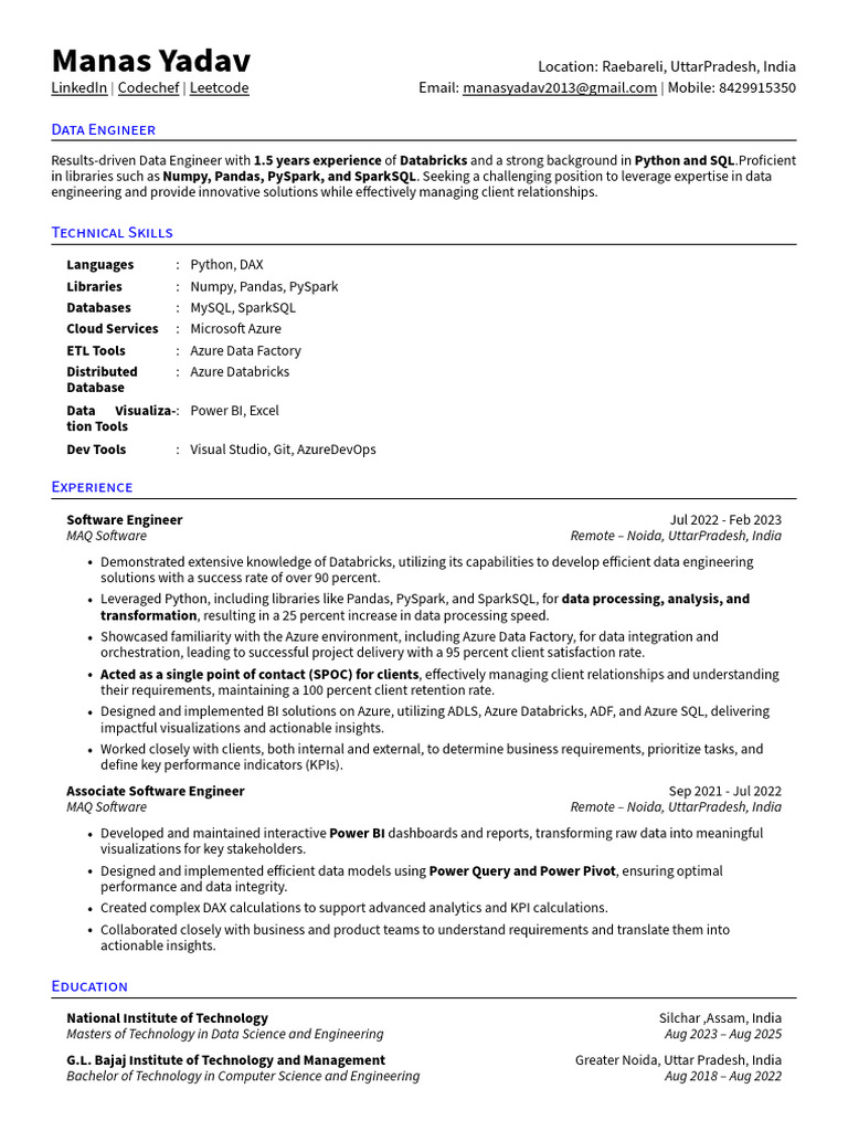 Manas Yadav: Data Engineer Profile | PDF | Microsoft Azure | Databases