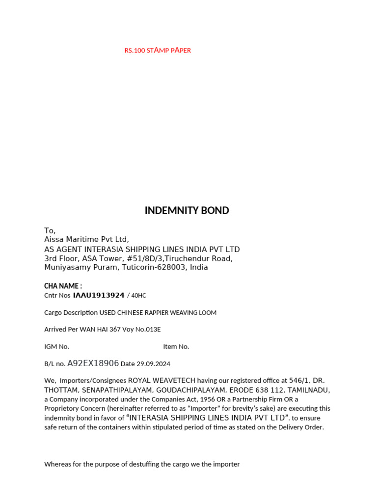 Indemnity Bond for Aissa Maritime Pvt Ltd | PDF | Indemnity | Legal ...