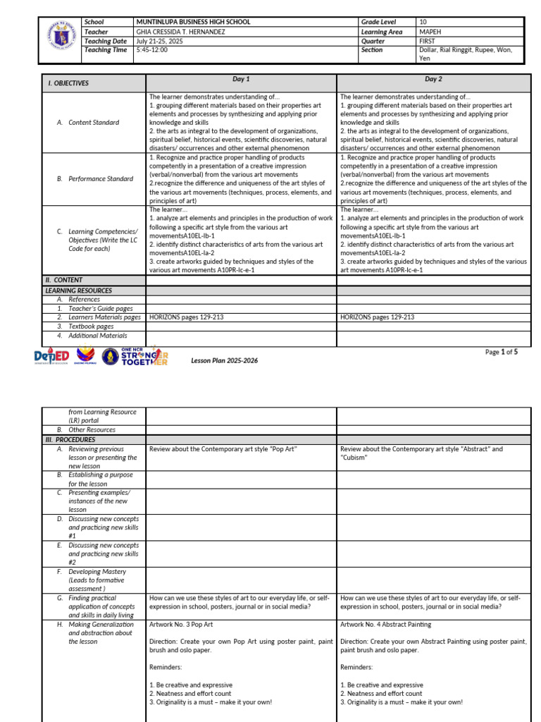 Art Movements Lesson Plan Overview | PDF | Learning | Creativity