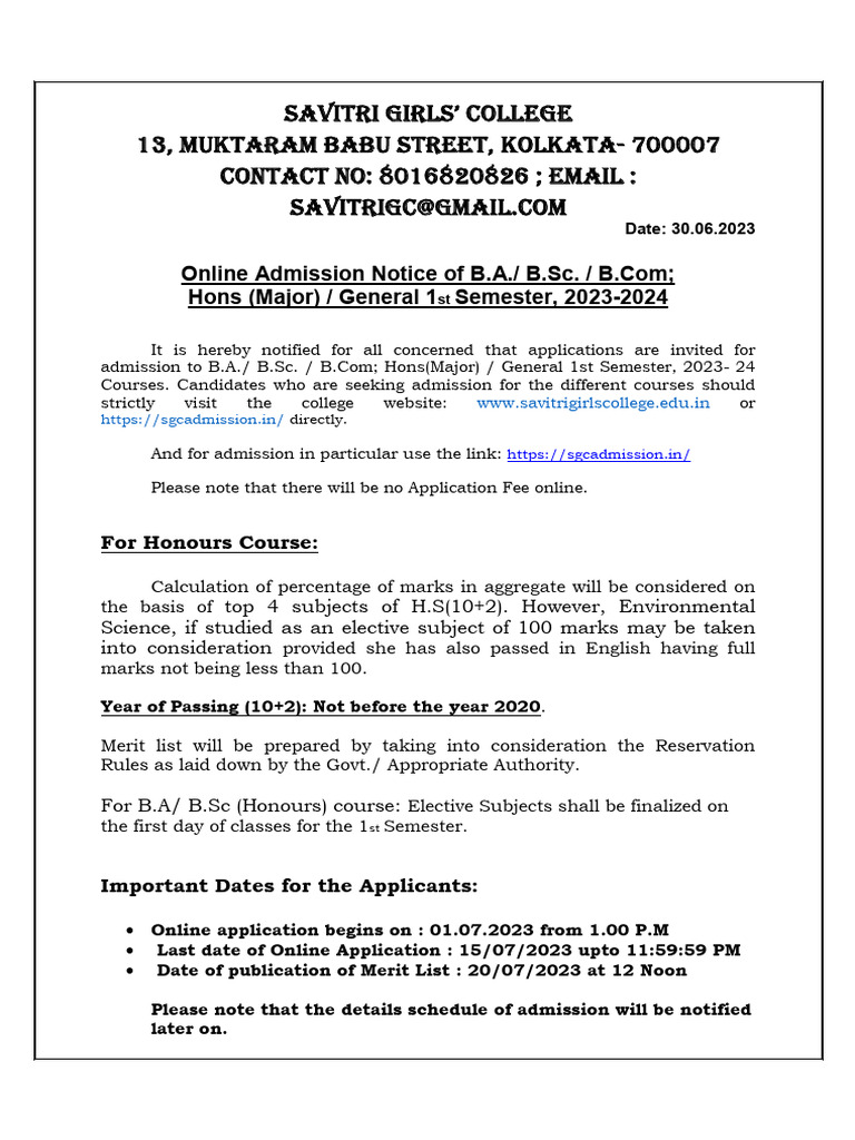 Revised Admission Notification 2023 24 Final | PDF | Accounting