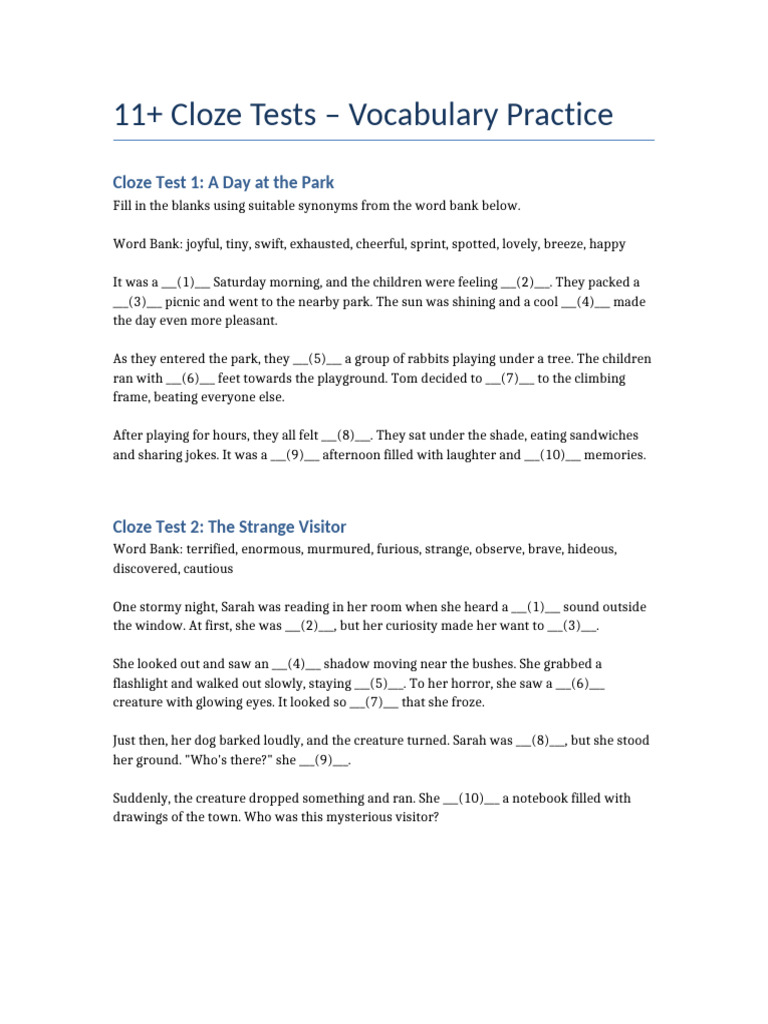 11+ Cloze Tests for Vocabulary Skills | PDF
