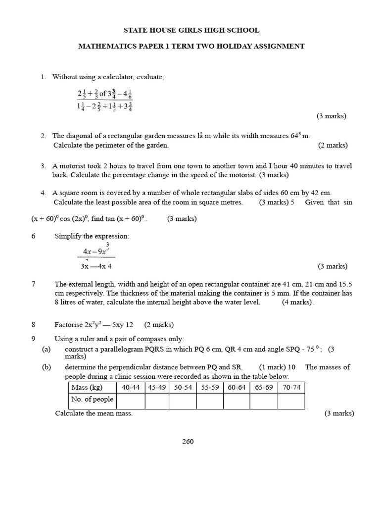 Mathematics Holiday Assignment 2025 | PDF | Area | Volume