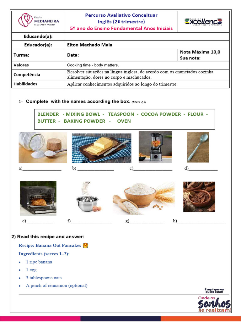 Avaliacao 5B 2tri | PDF | Western Cuisine | Food And Drink Preparation