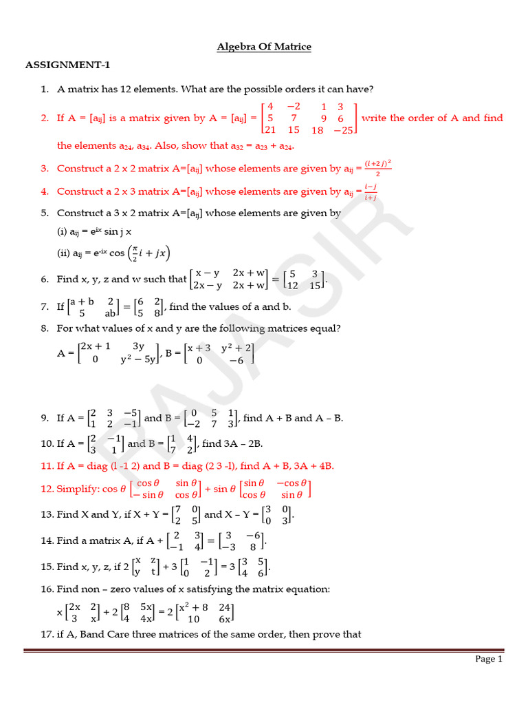 Matrix Algebra Assignments and Solutions | PDF | Matrix (Mathematics ...